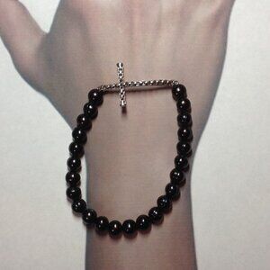 Honora Sterling Silver Cross Bar with Black Freshwater Pearl Stretch Bracelet.